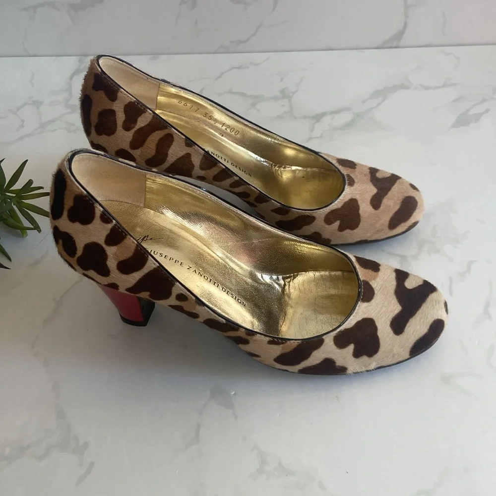 Luxury Giuseppe Zanotti Calf Hair Heel Pump Brown Tan Animal Print Fur Women's 5